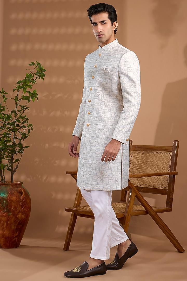 White Blended Silk Embroidered Sherwani Set For Boys by Spring Break- Kids at Pernia's Pop Up Shop