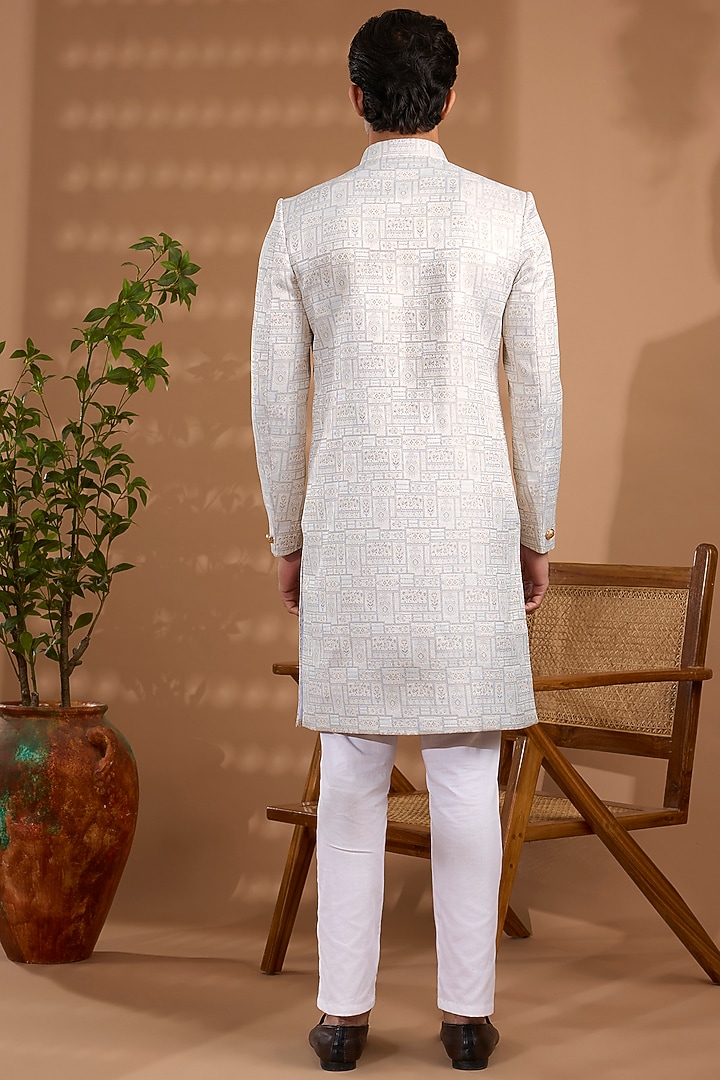 White Blended Silk Embroidered Sherwani Set For Boys by Spring Break- Kids at Pernia's Pop Up Shop
