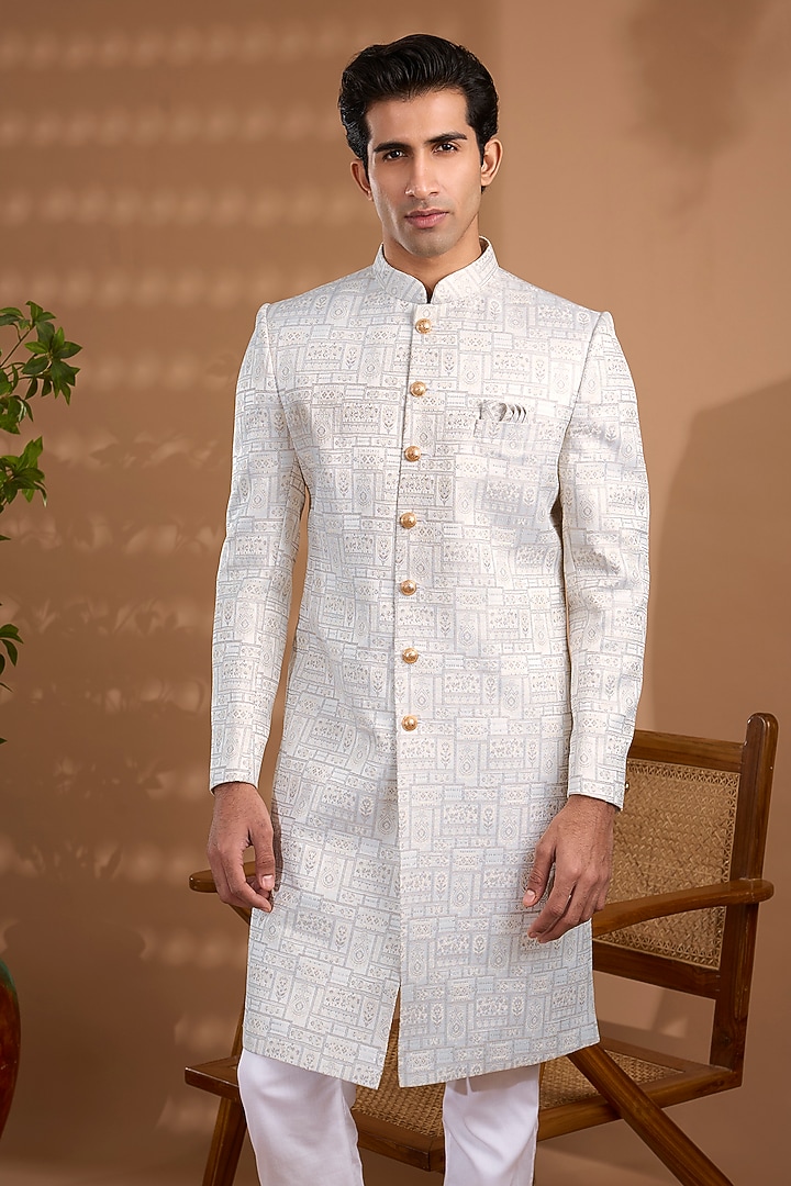 White Blended Silk Embroidered Sherwani Set For Boys by Spring Break- Kids at Pernia's Pop Up Shop