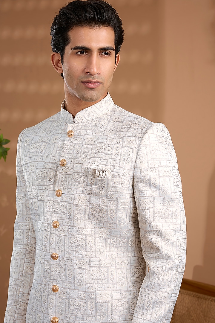 White Blended Silk Embroidered Sherwani Set For Boys by Spring Break- Kids at Pernia's Pop Up Shop