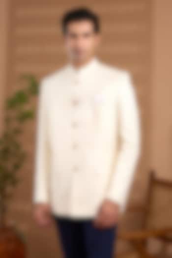 Cream Blended Silk Embroidered Bandhgala For Boys by Spring Break- Kids at Pernia's Pop Up Shop