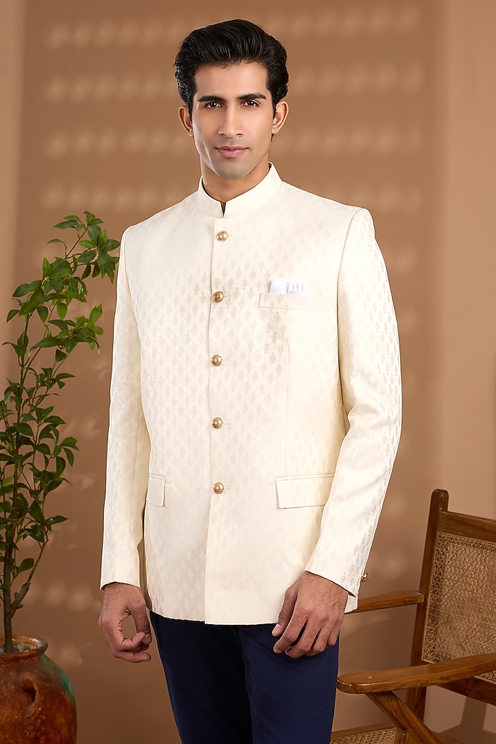 Cream Blended Silk Embroidered Bandhgala For Boys by Spring Break- Kids at Pernia's Pop Up Shop