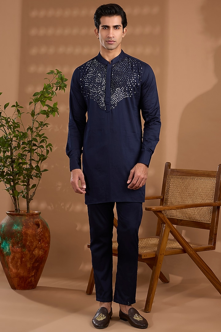 Navy Blue Cotton Satin Hand Embroidered Kurta Set For Boys by Spring Break- Kids at Pernia's Pop Up Shop