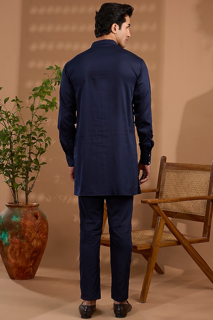 Blue Cotton Satin Hand Embroidered Kurta Set For Boys by Spring Break- Kids at Pernia's Pop Up Shop