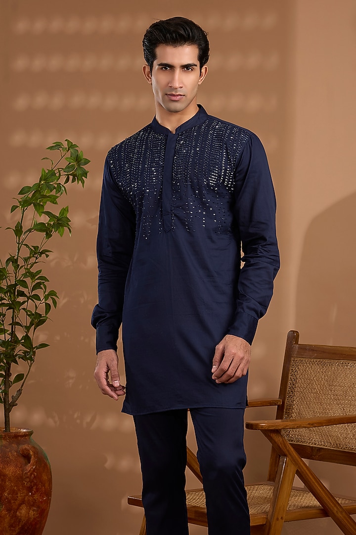 Blue Cotton Satin Hand Embroidered Kurta Set For Boys by Spring Break- Kids at Pernia's Pop Up Shop