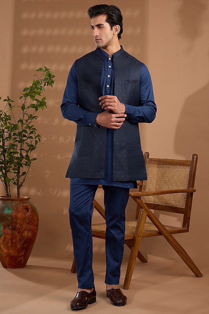 Blue Blended Silk Embroidered Jacket Set For Boys by Spring Break- Kids at Pernia's Pop Up Shop