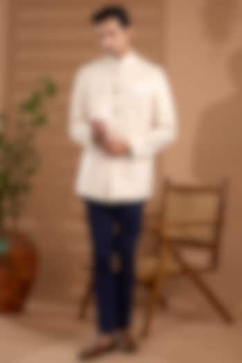 Ivory Blended Silk Embroidered Bandhgala Jacket For Boys by Spring Break- Kids at Pernia's Pop Up Shop