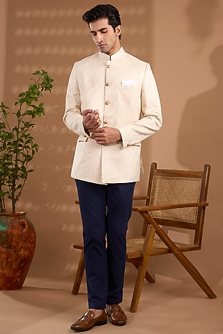 Ivory Blended Silk Embroidered Bandhgala Jacket For Boys by Spring Break- Kids
