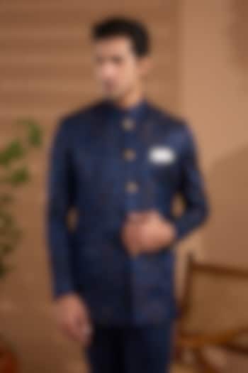 Navy Blue Blended Silk Embroidered Bandhgala Jacket For Boys by Spring Break- Kids at Pernia's Pop Up Shop