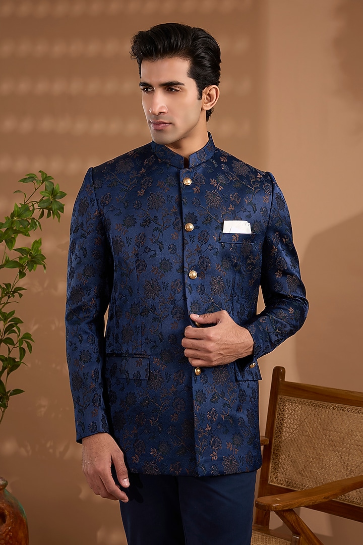 Navy Blue Blended Silk Embroidered Bandhgala Jacket For Boys by Spring Break- Kids at Pernia's Pop Up Shop