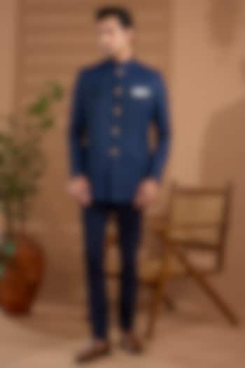 Navy Blue Blended Silk Embroidered Bandhgala Jacket For Boys by Spring Break- Kids at Pernia's Pop Up Shop