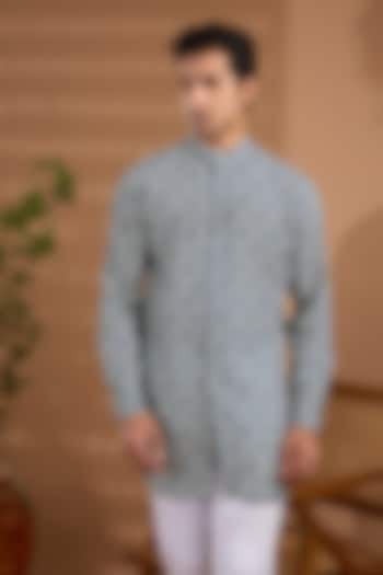 Blue Cotton Crepe Floral Printed Shirt-Style Kurta For Boys by Spring Break- Kids at Pernia's Pop Up Shop