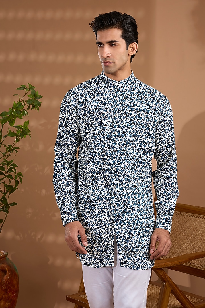Blue Cotton Crepe Floral Printed Shirt-Style Kurta For Boys by Spring Break- Kids at Pernia's Pop Up Shop