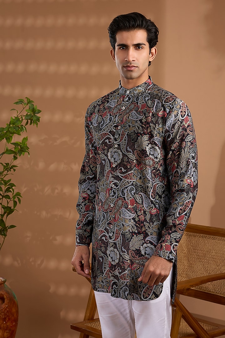 Black Blended Silk Paisley Printed Kurta For Boys by Spring Break- Kids at Pernia's Pop Up Shop