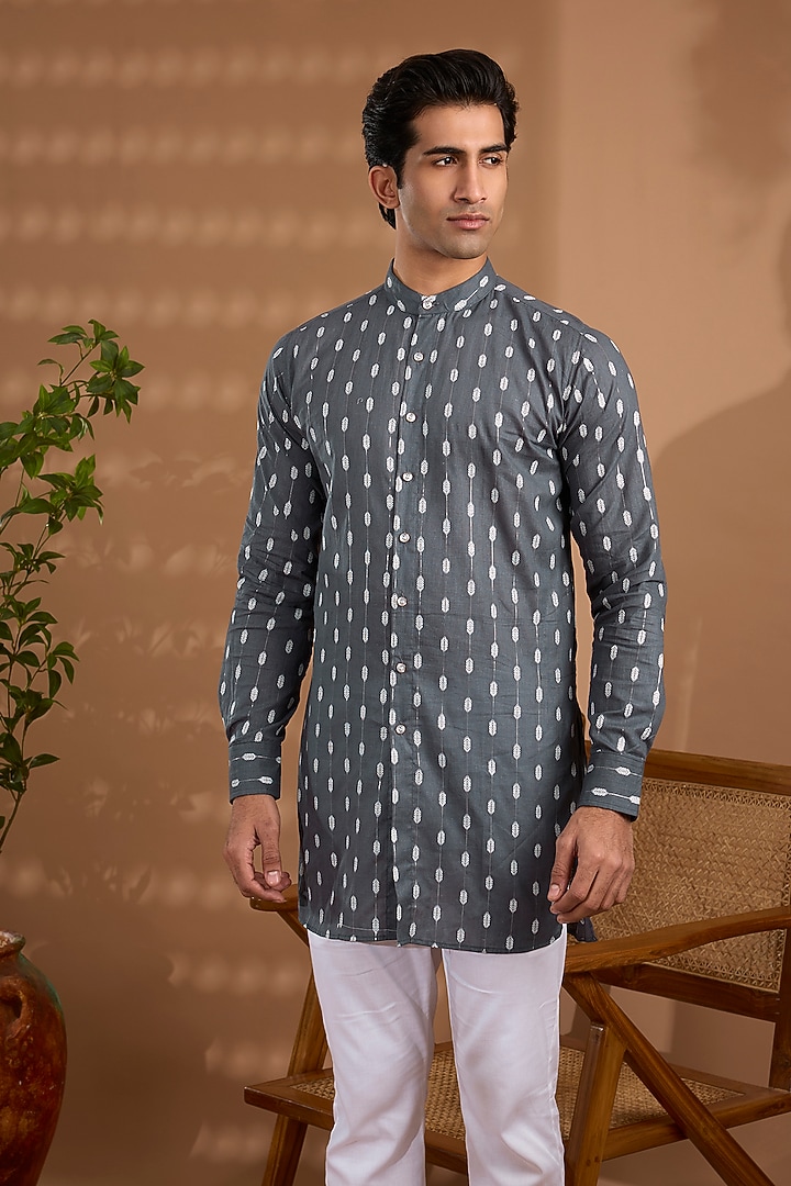 Grey Cotton Ikat Printed Kurta For Boys by Spring Break- Kids at Pernia's Pop Up Shop