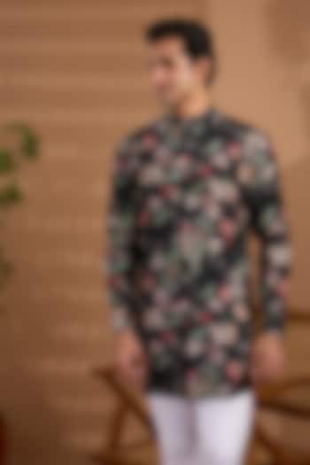 Black Blended Silk Floral Printed Kurta For Boys by Spring Break- Kids at Pernia's Pop Up Shop