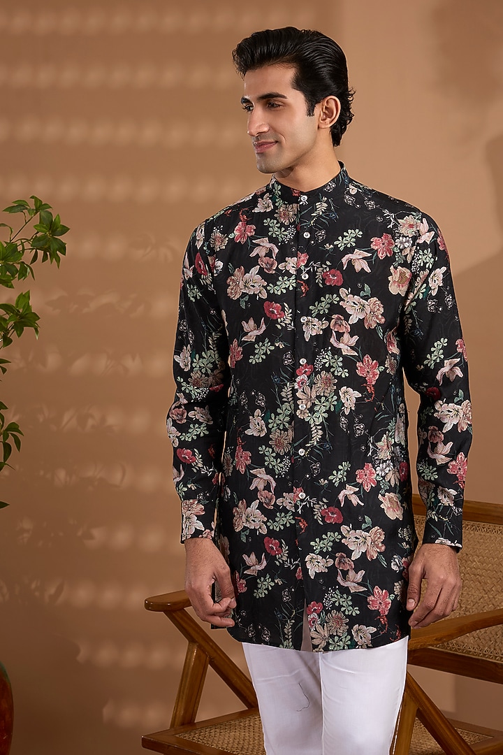 Black Blended Silk Floral Printed Kurta For Boys by Spring Break- Kids at Pernia's Pop Up Shop