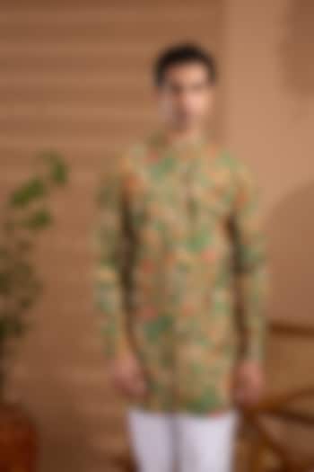 Green Blended Silk Floral Printed Kurta For Boys by Spring Break- Kids at Pernia's Pop Up Shop