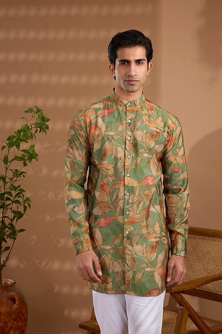 Green Blended Silk Floral Printed Kurta For Boys by Spring Break- Kids at Pernia's Pop Up Shop