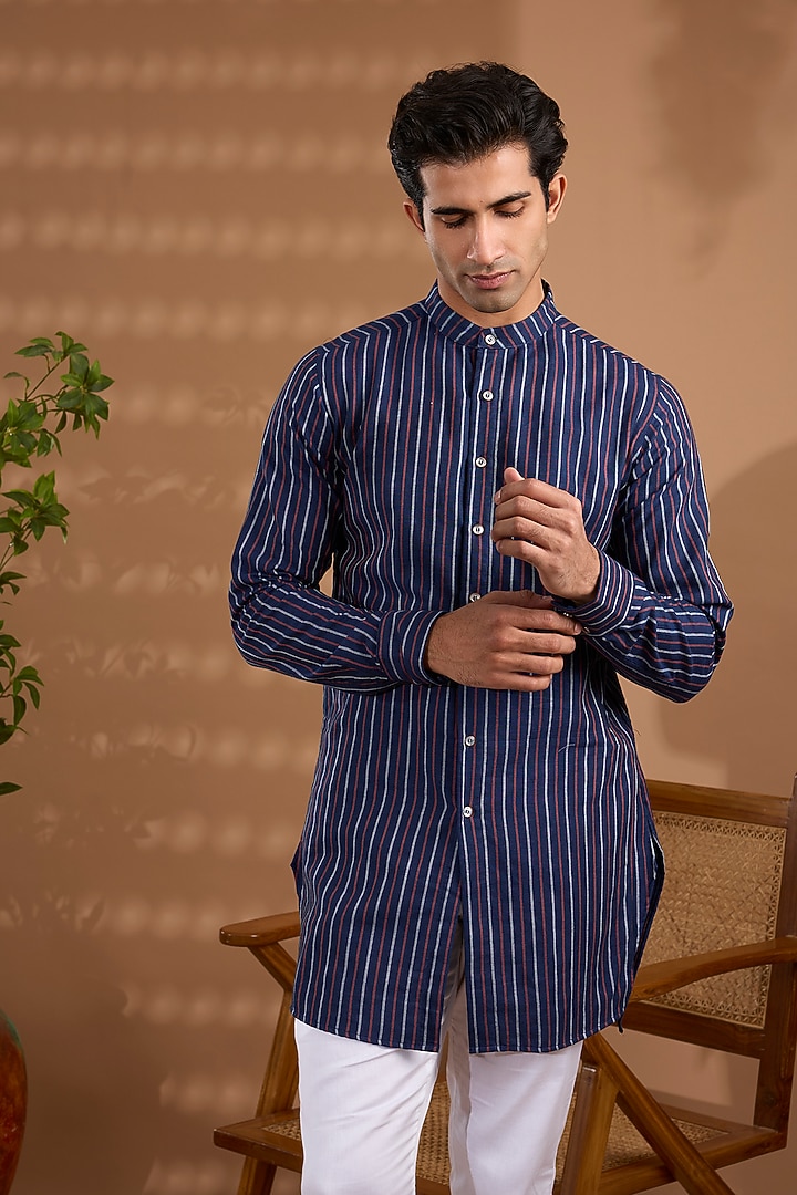 Blue Cotton Stripe Printed Kurta For Boys by Spring Break- Kids at Pernia's Pop Up Shop
