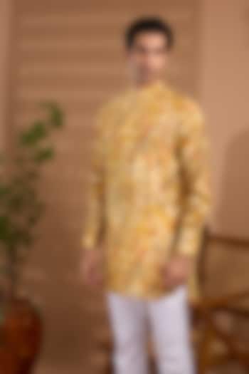Mustard Yellow Blended Silk Floral Printed Kurta For Boys by Spring Break- Kids at Pernia's Pop Up Shop