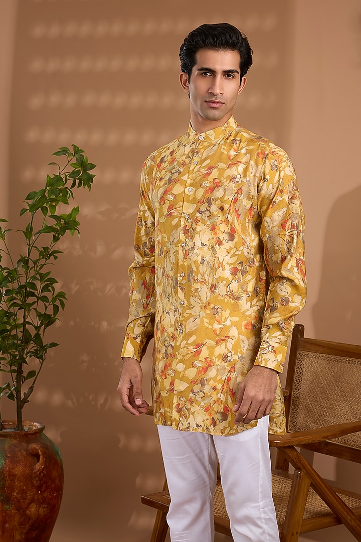 Mustard Yellow Blended Silk Floral Printed Kurta For Boys by Spring Break- Kids at Pernia's Pop Up Shop