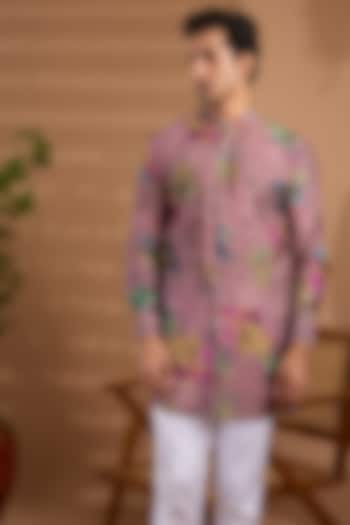Pink Blended Silk Floral Printed Kurta For Boys by Spring Break- Kids at Pernia's Pop Up Shop
