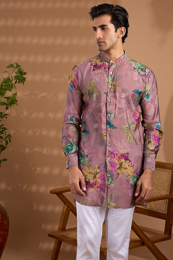 Pink Blended Silk Floral Printed Kurta For Boys by Spring Break- Kids at Pernia's Pop Up Shop