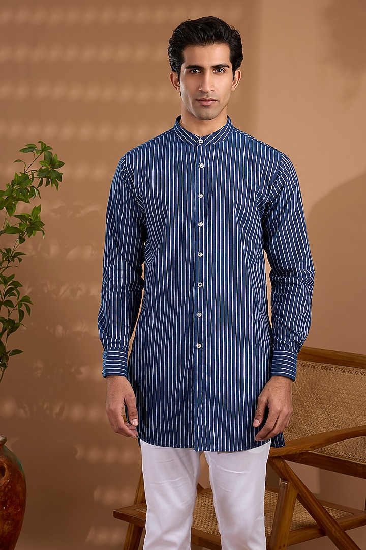 Blue Cotton Striped Kurta For Boys by Spring Break- Kids at Pernia's Pop Up Shop