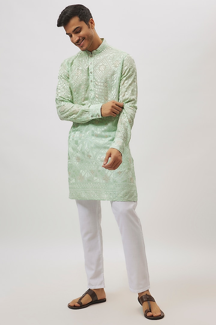 Mint Green Viscose Lucknowi Embroidered Kurta Set For Boys by Spring Break- Kids at Pernia's Pop Up Shop