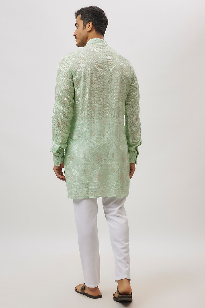 Mint Green Viscose Lucknowi Embroidered Kurta Set For Boys by Spring Break- Kids at Pernia's Pop Up Shop