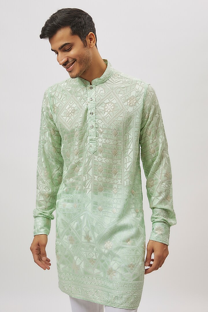Mint Green Viscose Lucknowi Embroidered Kurta Set For Boys by Spring Break- Kids at Pernia's Pop Up Shop