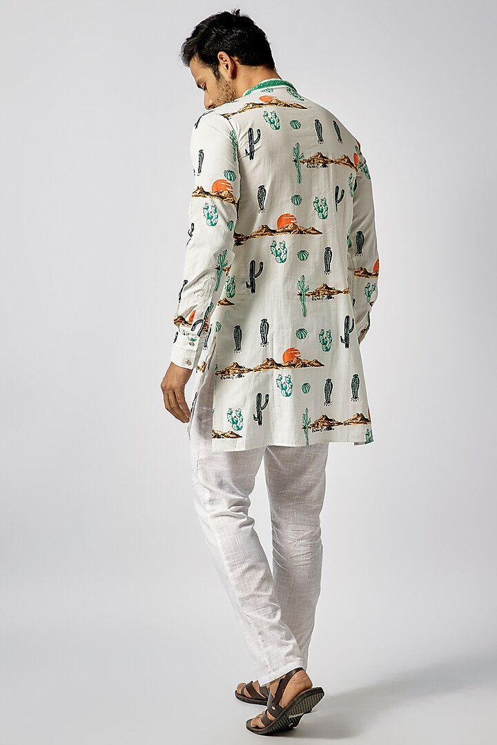 White Cotton Printed & Embroidered Kurta Set For Boys by Spring Break- Kids at Pernia's Pop Up Shop