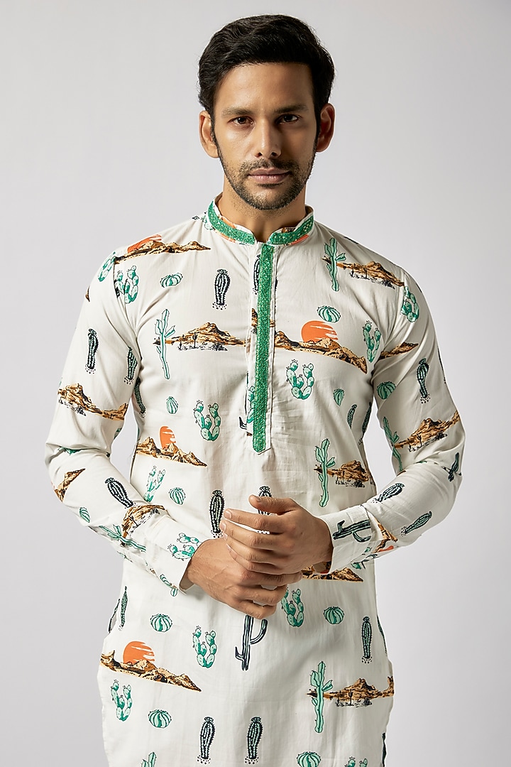 White Cotton Printed & Embroidered Kurta Set For Boys by Spring Break- Kids at Pernia's Pop Up Shop
