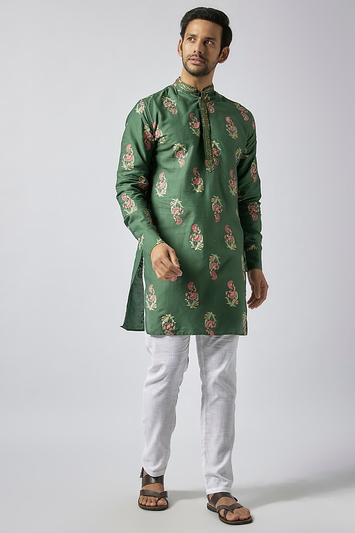 Green Cotton Floral Printed & Embroidered Kurta Set For Boys by Spring Break- Kids at Pernia's Pop Up Shop