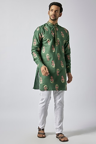 Green Cotton Floral Printed & Embroidered Kurta Set For Boys by Spring Break- Kids
