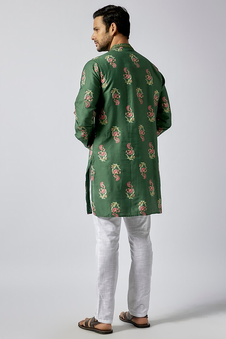 Green Cotton Floral Printed & Embroidered Kurta Set For Boys by Spring Break- Kids at Pernia's Pop Up Shop