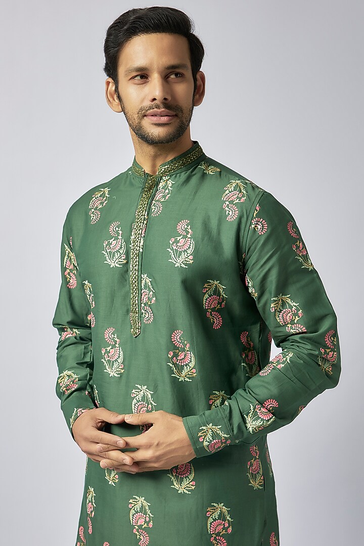 Green Cotton Floral Printed & Embroidered Kurta Set For Boys by Spring Break- Kids at Pernia's Pop Up Shop