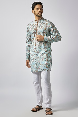 Blue Rayon Floral Print & Embroidered Kurta Set For Boys by Spring Break- Kids