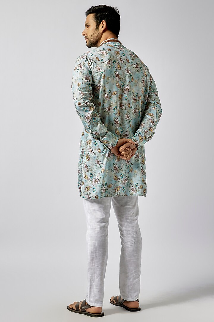 Blue Rayon Floral Print & Embroidered Kurta Set For Boys by Spring Break- Kids at Pernia's Pop Up Shop