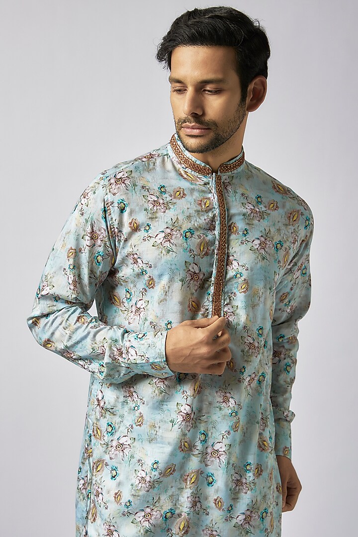 Blue Rayon Floral Print & Embroidered Kurta Set For Boys by Spring Break- Kids at Pernia's Pop Up Shop