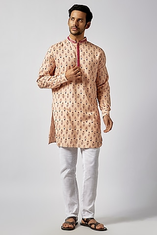 Peach Cotton Floral Printed & Embroidered Kurta Set For Boys by Spring Break- Kids
