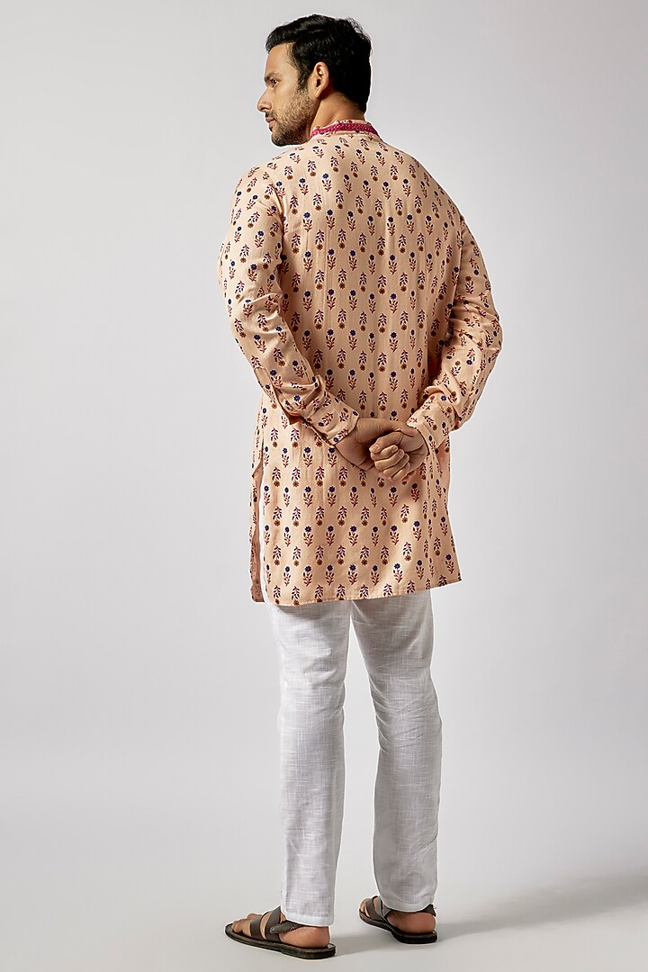 Peach Cotton Floral Printed & Embroidered Kurta Set For Boys by Spring Break- Kids at Pernia's Pop Up Shop
