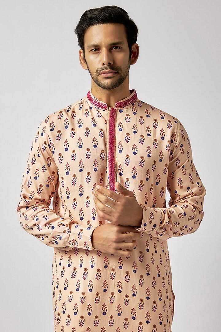 Peach Cotton Floral Printed & Embroidered Kurta Set For Boys by Spring Break- Kids at Pernia's Pop Up Shop