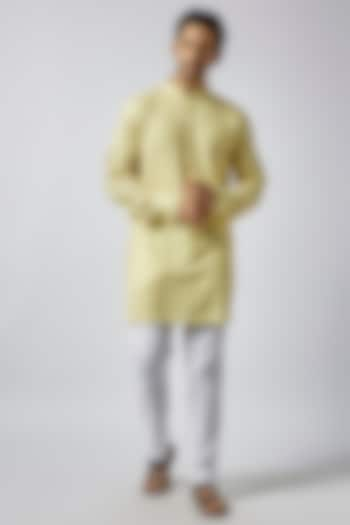 Yellow Dupion Silk Lucknowi Embroidered Kurta Set For Boys by Spring Break- Kids at Pernia's Pop Up Shop