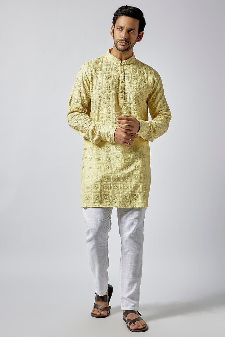 Yellow Dupion Silk Lucknowi Embroidered Kurta Set For Boys by Spring Break- Kids at Pernia's Pop Up Shop