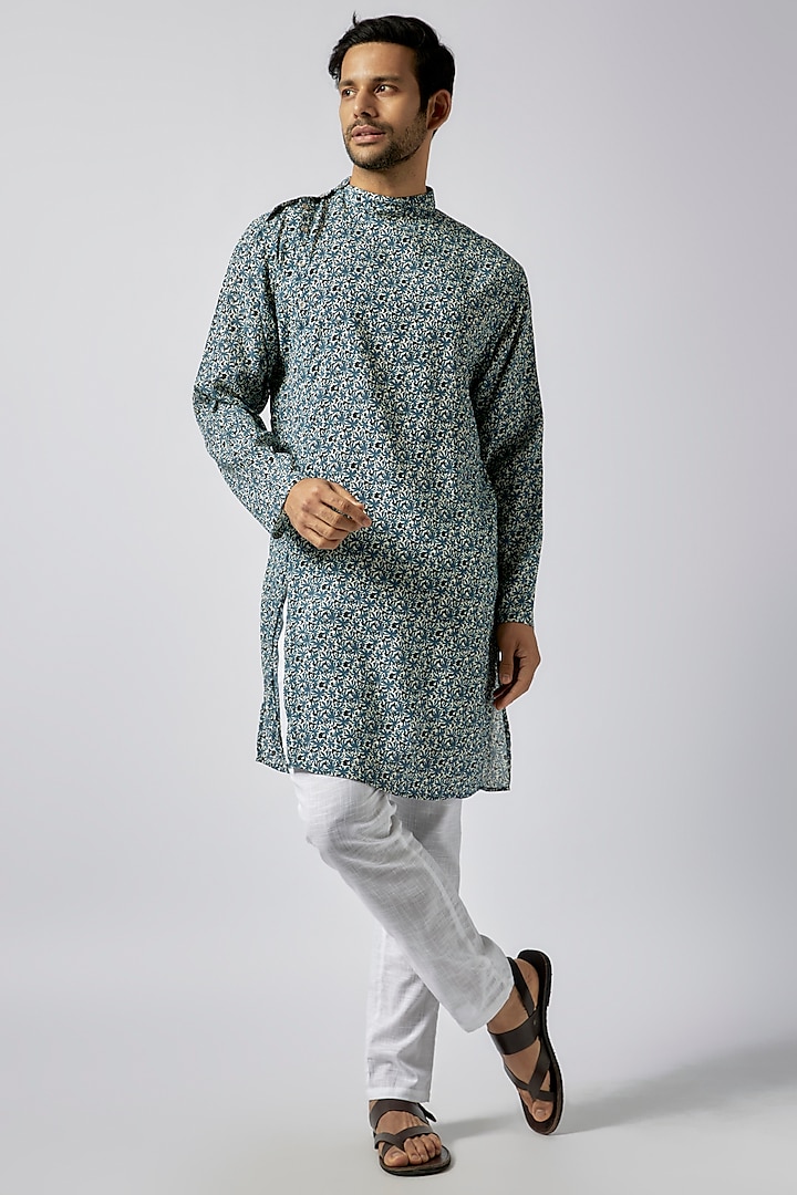 Blue Cotton Crepe Floral Printed Asymmetric Kurta Set For Boys by Spring Break- Kids at Pernia's Pop Up Shop