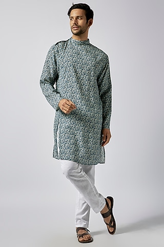Blue Cotton Crepe Floral Printed Asymmetric Kurta Set For Boys by Spring Break- Kids