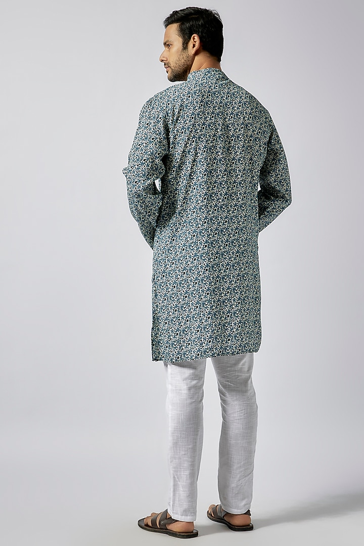 Blue Cotton Crepe Floral Printed Asymmetric Kurta Set For Boys by Spring Break- Kids at Pernia's Pop Up Shop