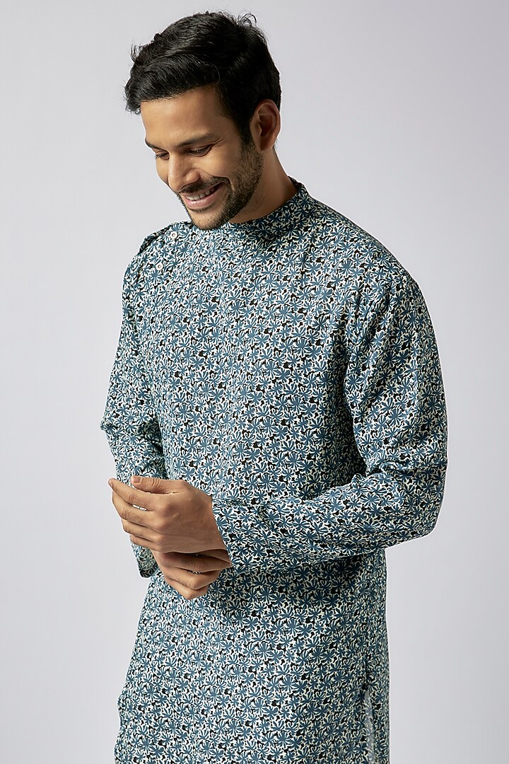 Blue Cotton Crepe Floral Printed Asymmetric Kurta Set For Boys by Spring Break- Kids at Pernia's Pop Up Shop